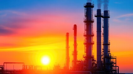 Obraz premium Industrial oil refinery at sunset with bright sky and emission towers for energy production and environmental concepts