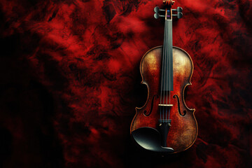 Antique violin lying on red velvet background symbolizing classical music passion