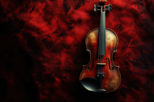 Antique violin lying on red velvet background symbolizing classical music passion