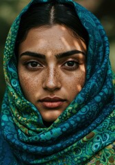 Portrait of beautiful woman with headscarf and freckles in natural light