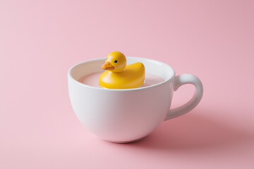Yellow rubber duck in a white cup on a pink background. 