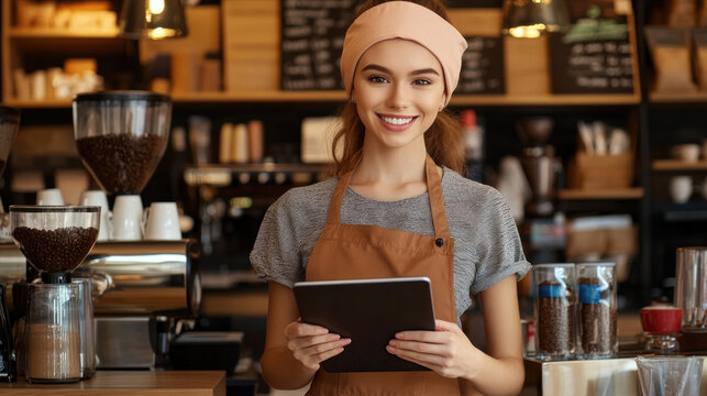 Smiling barista in modern coffee shop setting for cafe promotion and hospitality marketing