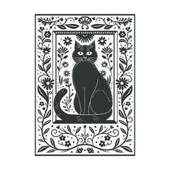 Vector linocut floral poster template with cat. Modern trendy minimal style. Black and white colors. Botanical blockprint. Design for wallpaper, wall decor, print, postcard, cover, template.