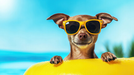 Fototapeta premium Playful brown chihuahua in sunglasses enjoying a summer pool day for fun and relaxation