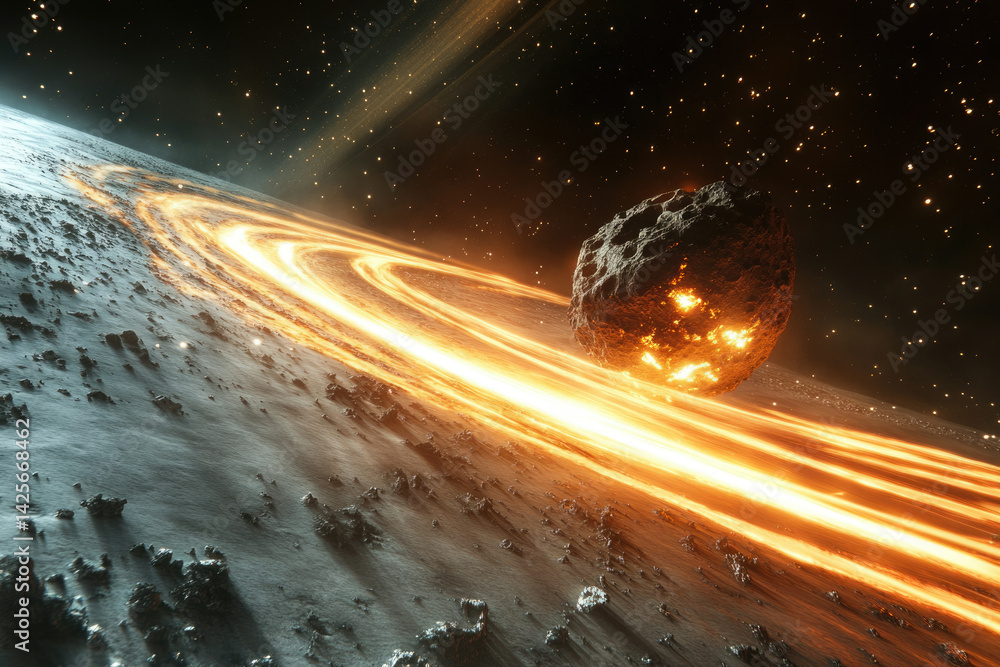 Poster a fiery asteroid impacts a planet, creating glowing trails and intense heat.
