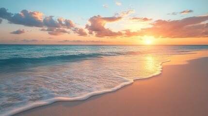 Obraz premium Golden Sunset Hues Over Tranquil Turquoise Ocean Waves on Sandy