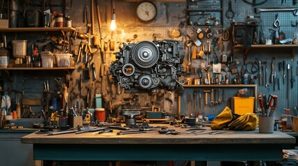 Fototapeta premium Engine Displayed in a Busy Workshop