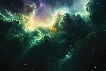 A vibrant nebula, swirling clouds of gas and dust illuminated by stars, creating a cosmic landscape of green, yellow, and purple hues.