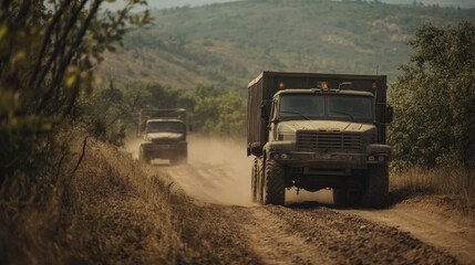 Military transport trucks in a convoy through rugged terrain, armored and well-equipped, dusty atmosphere,