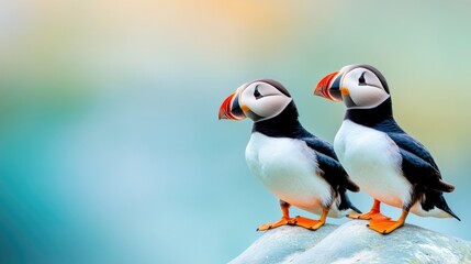 Obraz premium Tranquil puffins perched on cliff edges gazing at the turbulent ocean waves