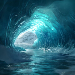 Frozen Ice Cave: An awe-inspiring interior view captures the icy grandeur of a glacial cave, the turquoise glow emanating from within, a mesmerizing display of nature's power and artistry.