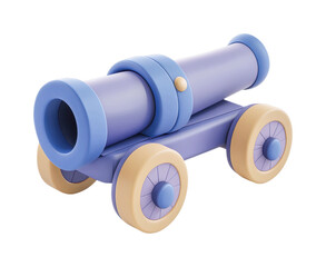 Blue toy cannon on wheels with yellow accents, cut out - stock png.