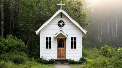 White Wooden Chapel in a Misty Green Forest