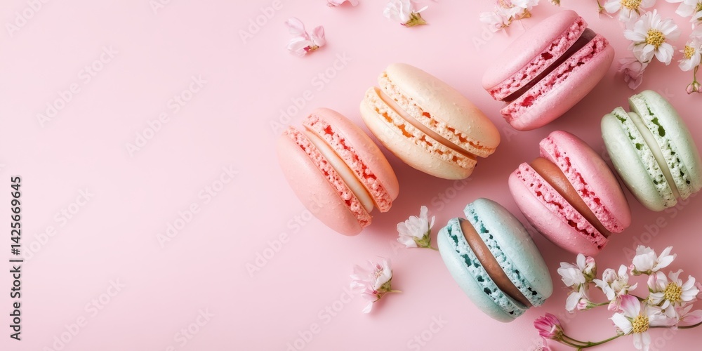 Poster sweet macarons: a pastel-colored array of macarons are elegantly arranged with delicate blossoms, of