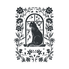 Vector linocut floral poster template with cat. Modern trendy minimal style. Black and white colors. Botanical blockprint. Design for wallpaper, wall decor, print, postcard, cover, template.