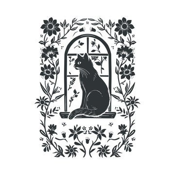 Fototapeta Vector linocut floral poster template with cat. Modern trendy minimal style. Black and white colors. Botanical blockprint. Design for wallpaper, wall decor, print, postcard, cover, template.