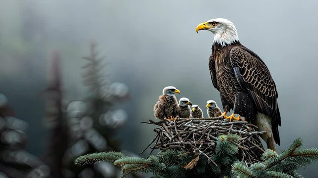 A majestic bald eagle watches over its eaglets nestled in a soft nest amidst a serene, foggy forest landscape