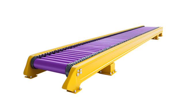 Yellow and purple conveyor belt showcasing industrial design. Concept of manufacturing. 3D Rendering, isolated on a transparent background