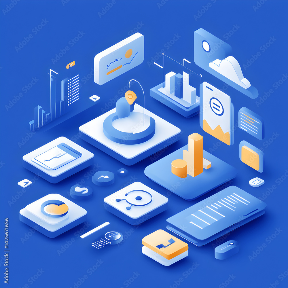 Poster digital data visualization: a modern digital illustration showcasing isometric designs of data analy