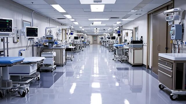 Modern hospital corridor with medical equipment, bright lighting, and empty beds in use