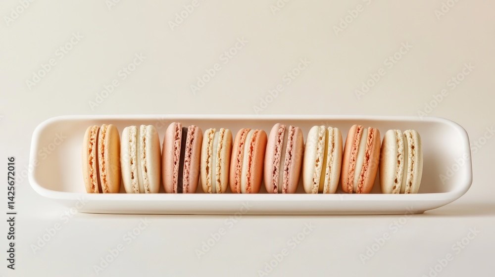 Poster artisan macarons in a row: a tantalizing arrangement of colorful macarons delicately displayed in a 