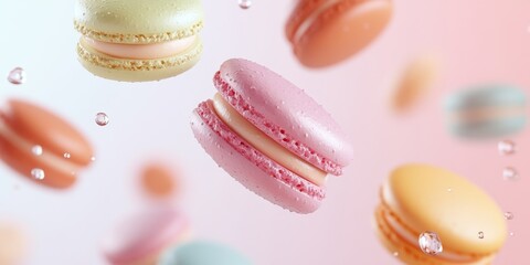 Macaron Delights: Delight in the playful elegance of assorted macarons, their delicate forms suspended in a state of gentle, dreamy suspension.