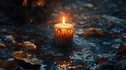 Glowing Candle in Autumnal Setting