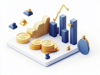 Isometric financial growth graphic, charts, coins, people on white