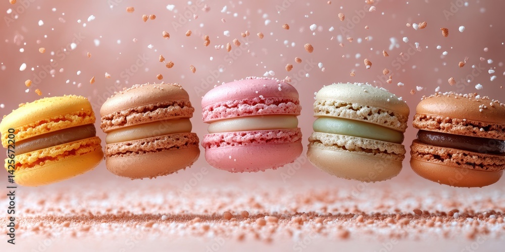 Poster macarons in motion: five colorful macarons, each with a unique pastel hue and delicate filling, floa