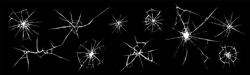 Broken glass cracks, window shatter realistic effect set. Broken glass or shattered glass with cracks and hole of bullet or stone hit