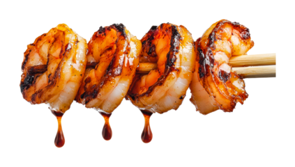 Grilled shrimp kebabs with honey glaze dripping from skewers, cut out - stock png.