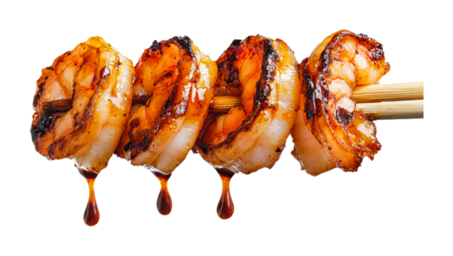 Grilled shrimp kebabs with honey glaze dripping from skewers, cut out - stock png.