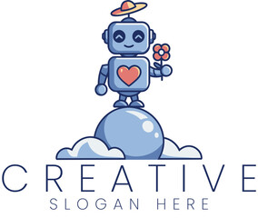 Cute Robot Holding Flower on Cloud Creative Logo Design art blue pink icon happy white    