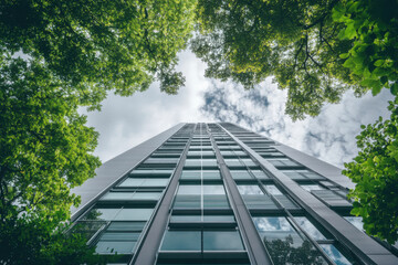 Modern glass skyscraper surrounded by green trees reaching for cloudy sky