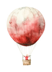 Obraz premium Whimsical child in hot air balloon journey with red watercolor balloon, cut out - stock png.