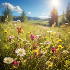 Obraz premium Sunny Meadow Filled with Colorful Wildflowers, Creating a Peaceful Nature Scene Full of Calm and Beauty