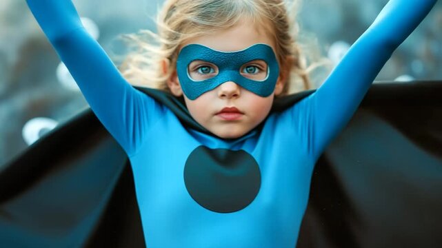 Young child dressed as superhero poses with confidence in a vibrant outdoor setting