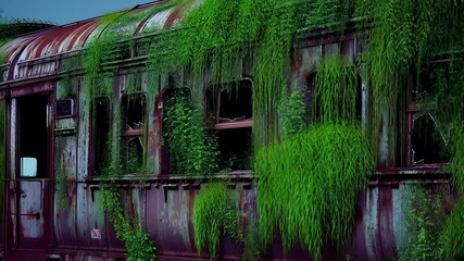 Decaying railway cars with moss and plants growing through windows and roof standing still under bright daylight in forgotten place - Powered by Adobe