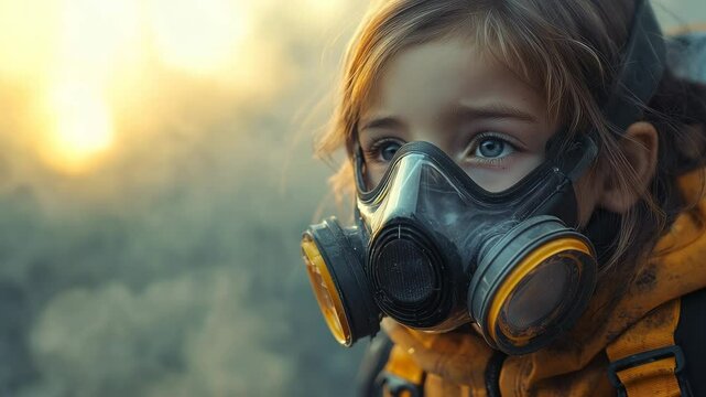 Girl wears gas mask for protection against allergens in outdoor setting