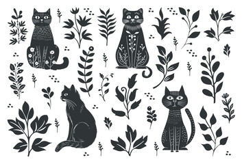 Vector linocut poster template with cats. Modern trendy minimal style. Black and white colors. Botanical blockprint. Design for wallpaper, wall decor, print, postcard, cover, template. © darijashka