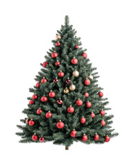 Decorated christmas tree with red and gold ornaments, cut out - stock png.