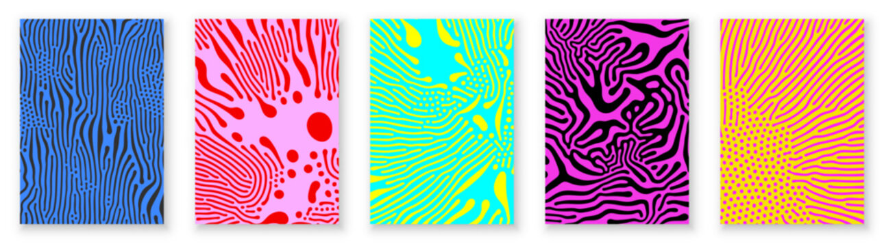 Organic patterns or abstract groovy psychedelic backgrounds. Vector organic patterns of color squiggle lines, abstract modern trendy backgrounds