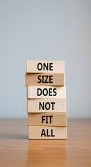Stacked wooden blocks reading "ONE SIZE DOES NOT FIT ALL" on a desk. Symbolizes customization, diversity, individual needs, and tailored solutions in business or services.








