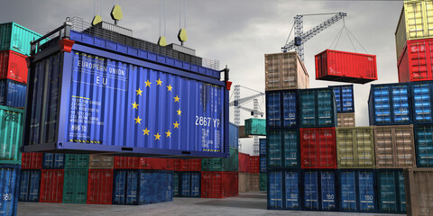 Fototapeta premium Cargo container with flag of European Union lifted by crane at freight terminal - 3D illustration