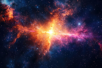 Fototapeta premium A vibrant nebula bursts with fiery orange and pink hues, scattered with countless stars across a deep blue expanse.