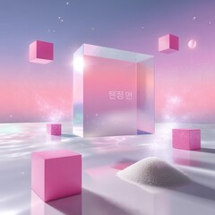 K-pop idol group reality show poster background, pink and holographic color scheme, abstract geometric shapes, surreal floating mystery boxes, sparkling glitter particles, neon.