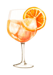 Watercolor painting of a refreshing orange cocktail with ice and fruit slice, cut out - stock png.