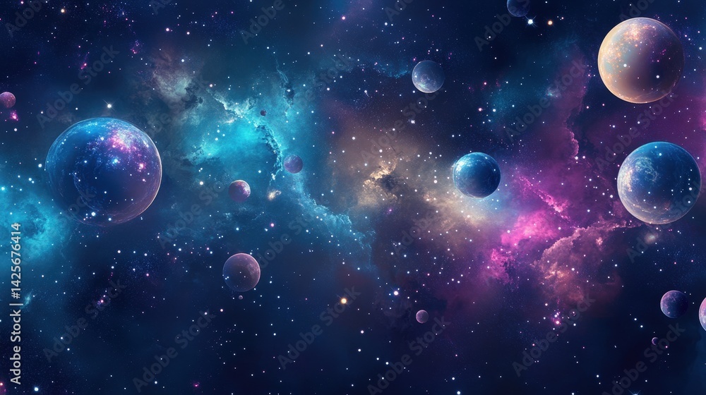 Poster a deep-space bubble pattern featuring cosmic spheres floating among stars and nebulae.