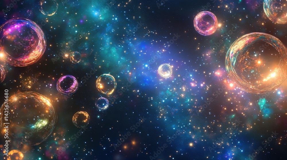 Poster a deep-space bubbles background with glowing orbs floating in a galaxy of stars and nebulae