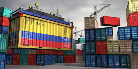 Fototapeta premium Cargo container with flag of Colombia lifted by crane at freight terminal - 3D illustration